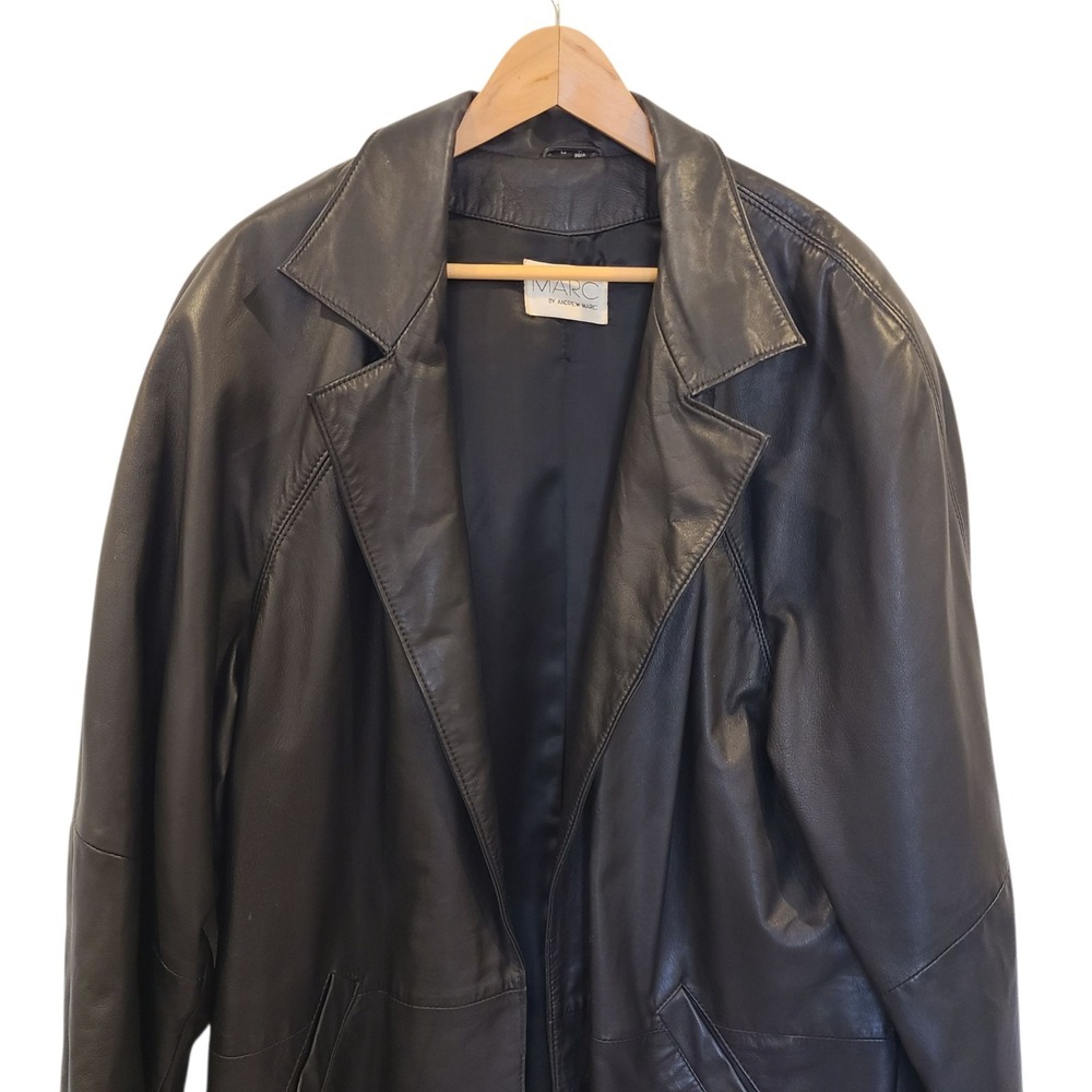 Andrew Marc Black Leather Oversized‎ Open Front Lapel Trench Coat Long Large - Picture 2 of 8